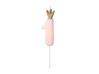 Crown candle - number 1 - pink - 9.5cm