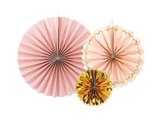 Decorative rosettes - Pink + gold - 13, 25, 32 cm - 3 pcs.