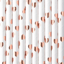 White paper straws - Hearts rose gold - 19.5 cm