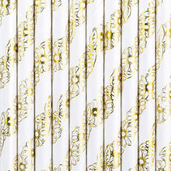 White Paper Straws - Golden Flowers - 19.5 cm