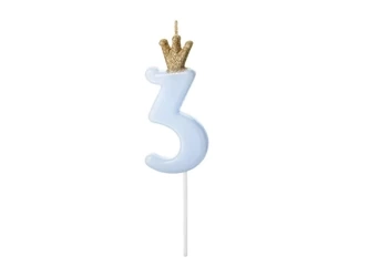 Crown candle - number 3 - blue - 9.5cm