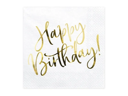 Paper napkins - Happy Birthday - White - Gold inscription - 20 pieces