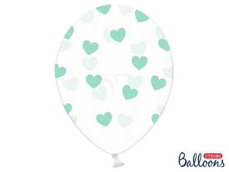 Strong 30cm Balloons - Crystal Clear - Mint Hearts - 6 pieces