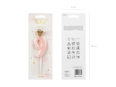 Crown candle - number 9 - pink - 9.5cm