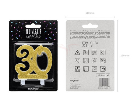 Birthday candle - Number 30 - Glitter - Gold - 7.5 cm