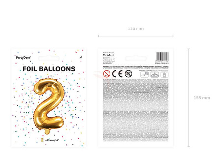 Foil balloon - Number "2" - Gold - 35 cm 