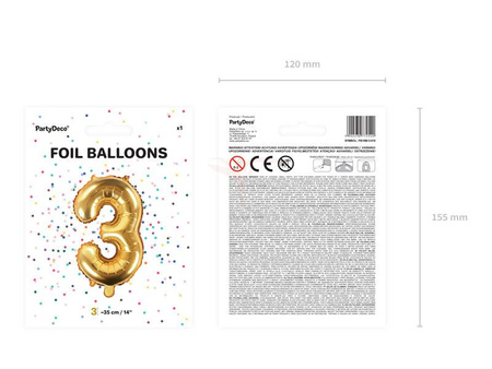 Foil balloon - Number "3" - Gold - 35 cm 