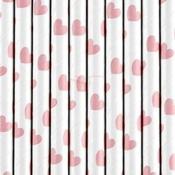 Paper Straws - White - Pink Hearts - 19.5 cm - 10 pieces