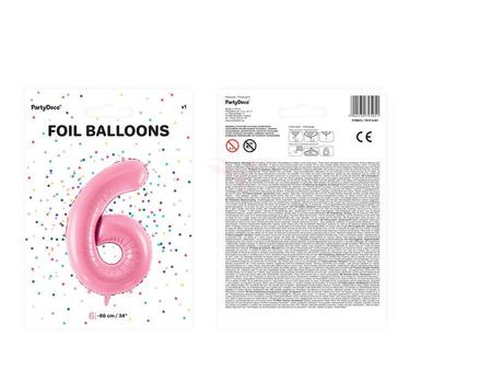 Foil balloon - Number "6" - Pink - 86cm 