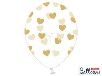 Strong 30cm Balloons - Crystal Clear - Gold Hearts - 6 pieces