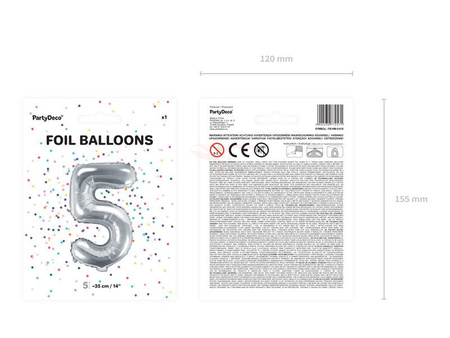 Foil balloon - Number "5" - Silver - 35 cm 