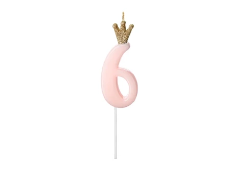 Crown candle - number 6 - pink - 9.5cm