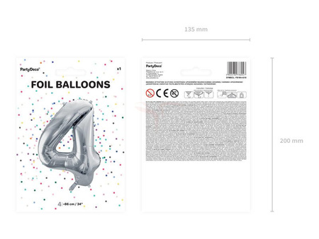 Foil balloon - Number "4" - Silver - 86 cm