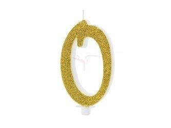 Birthday candle - Number 0 - Glitter - Gold - 10 cm