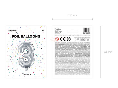 Foil balloon - Number "3" - Silver - 35 cm 