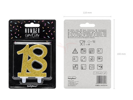 Birthday candle - Number 18 - Glitter - Gold - 7.5 cm