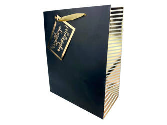 Decorative Gift Bag - black with gold stripes - 26x32x13 cm