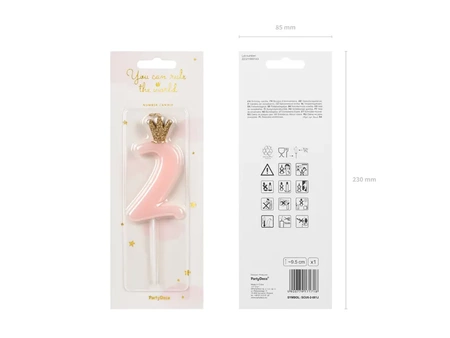 Crown candle - number 2 - pink - 9.5cm