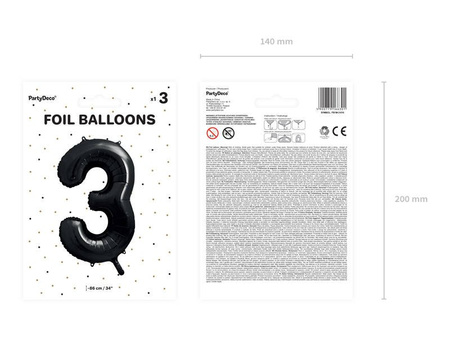 Foil balloon - Number "3" - Black - 86 cm