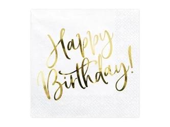 Paper napkins - Happy Birthday - White - Gold inscription - 20 pieces