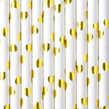 White paper straws - Golden hearts - 19.5 cm