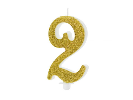 Birthday candle - Number 2 - Glitter - Gold - 10 cm