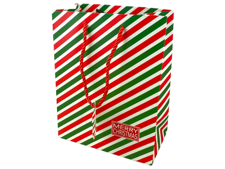 Gift Bag - CHRISTMAS - Red Green Stripes - 227x117x100mm