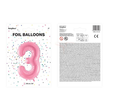 Foil balloon - Number "3" - Pink - 86cm 