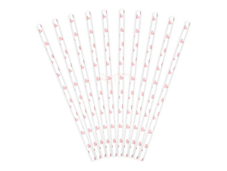 Paper Straws - White - Pink Hearts - 19.5 cm - 10 pieces