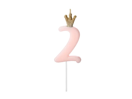 Crown candle - number 2 - pink - 9.5cm