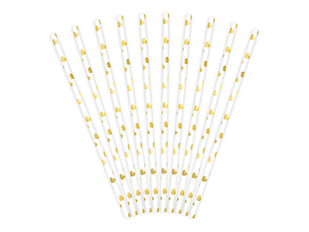 White paper straws - Golden hearts - 19.5 cm