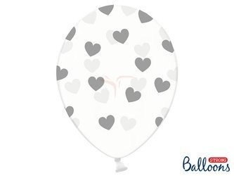 Strong 30cm Balloons - Crystal Clear - Silver Hearts - 6 pieces