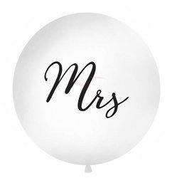 Latex balloon 1m - Round - White - Black lettering "Mrs"