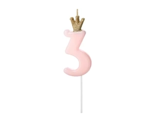 Crown candle - number 3 - pink - 9.5cm