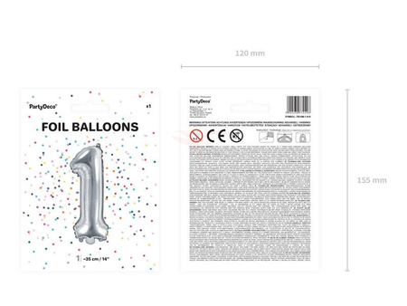 Foil balloon - Number "1" - Silver - 35 cm 