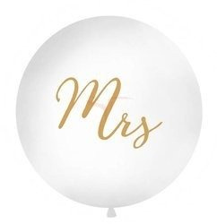 Latex balloon 1m - Round - White - Gold lettering "Mrs"