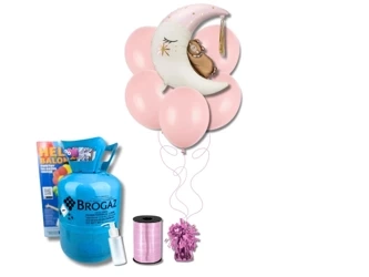 Set of balloons and helium - Teddy bear on the moon - pink - 20 elements