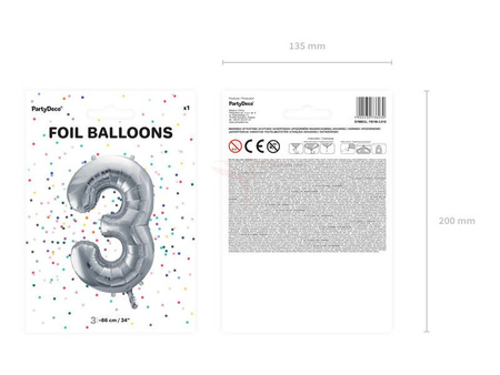 Foil balloon - Number "3" - Silver - 86 cm