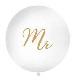 Latex balloon 1m - Round - White - Gold lettering "Mr"