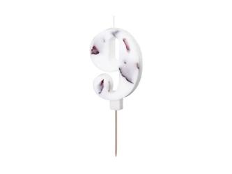 Birthday candle - Number 9 - White with flower petals - 8cm