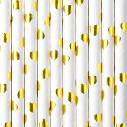 White paper straws - Golden hearts - 19.5 cm