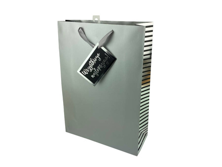 Large gift bag - Gray with silver stripes - 33 x 45.6 x 12.6cm