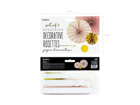 Decorative rosettes - Pink + gold - 13, 25, 32 cm - 3 pcs.