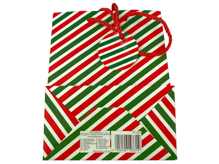 Gift Bag - CHRISTMAS - Red Green Stripes - 227x117x100mm